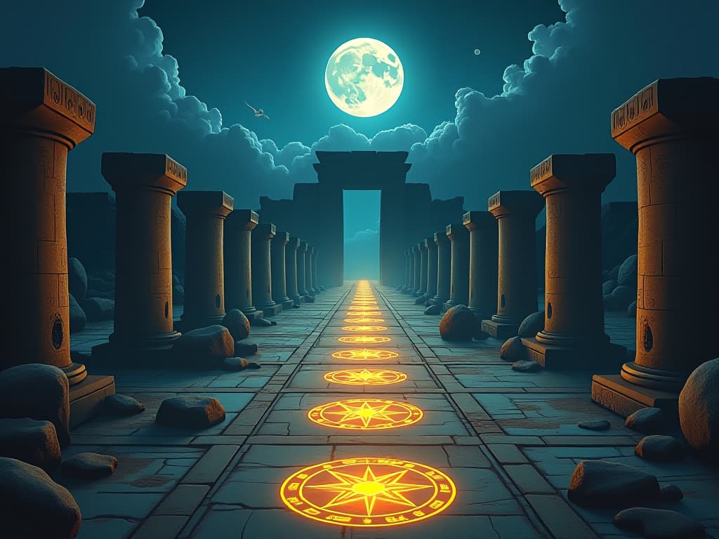  a pathway of glowing symbols leading through ancient ruins, illuminated by the full moon, atmosphere of aligning life with soul's truth. the style is digital art illustration / modern comic book / mysterious occult, symbolic, esoteric vibe,high detail on character design, incorporating ancient egyptian symbology and attire.