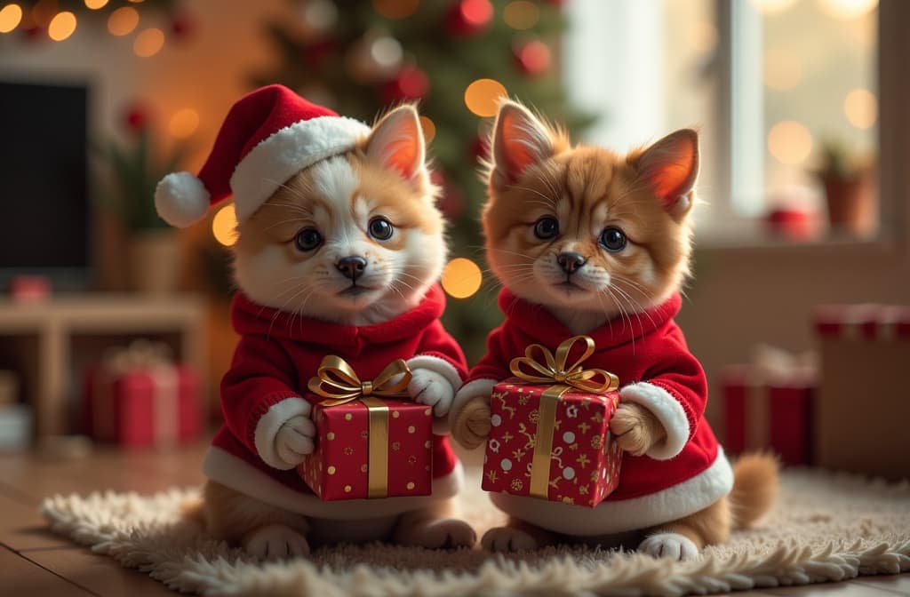  fluffy cat and puppy in new year costumes hold christmas gifts in the apartment. the apartment is decorated for christmas. atmospheric ar 3:2 {prompt}, maximum details