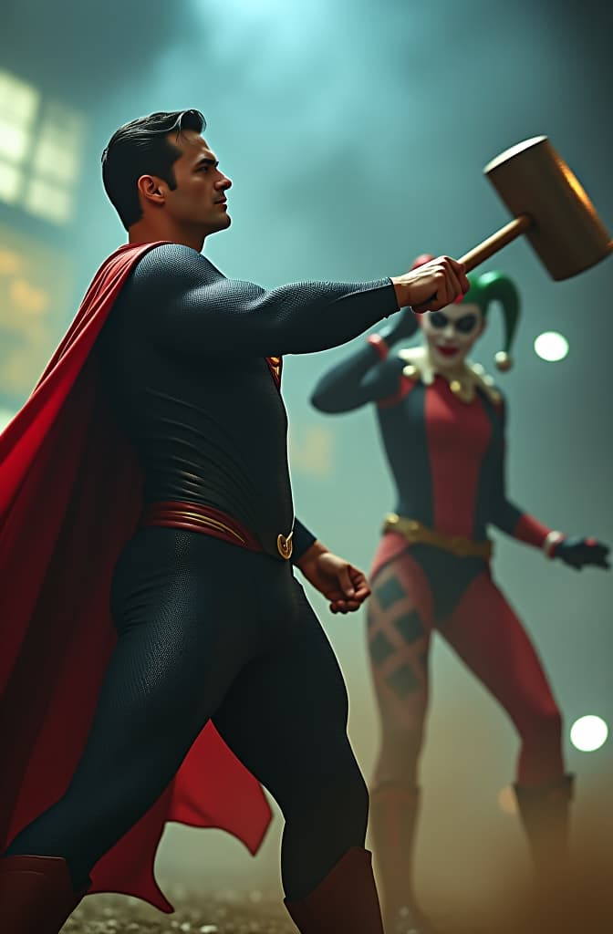  superman in a losing battle against catwoman and harley quinn, who swings a giant hammer hyperrealistic, full body, detailed clothing, highly detailed, cinematic lighting, stunningly beautiful, intricate, sharp focus, f/1. 8, 85mm, (centered image composition), (professionally color graded), ((bright soft diffused light)), volumetric fog, trending on instagram, trending on tumblr, HDR 4K, 8K