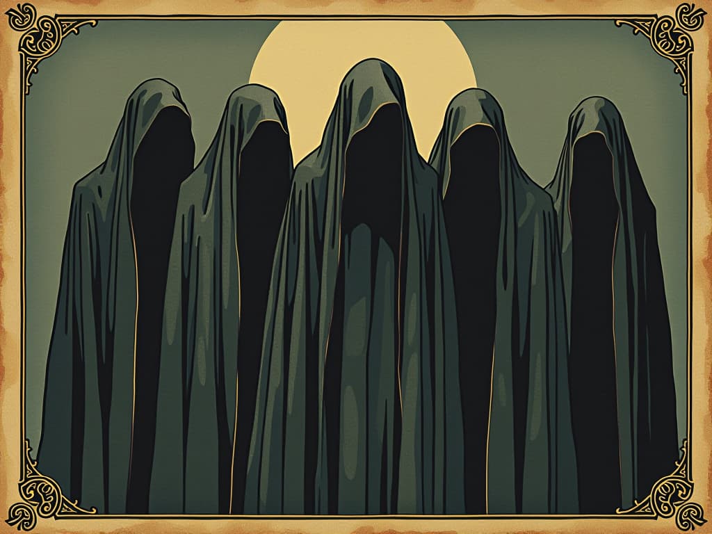  shapeshifting figures, closely mingling among cloaked individuals, hidden agenda. an illustration in the style of a worn, mystical old tarot trump card, mysterious and elements of surrealism. the colors are muted, somber and eerie, but with contrast bring out an occult and esoteric vibe.