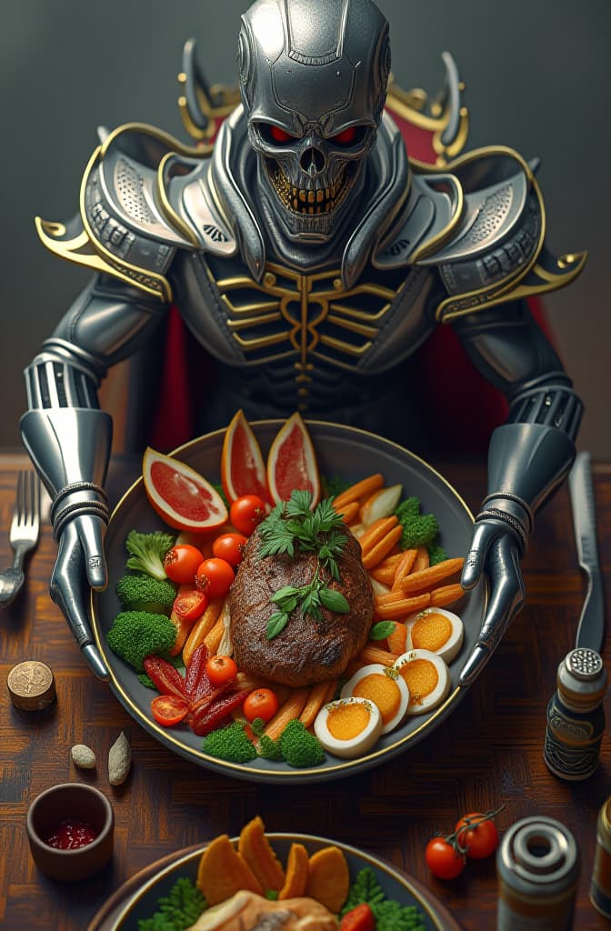  a beautiful meal on a table, top view, everything made from metal hyperrealistic, full body, detailed clothing, highly detailed, cinematic lighting, stunningly beautiful, intricate, sharp focus, f/1. 8, 85mm, (centered image composition), (professionally color graded), ((bright soft diffused light)), volumetric fog, trending on instagram, trending on tumblr, HDR 4K, 8K