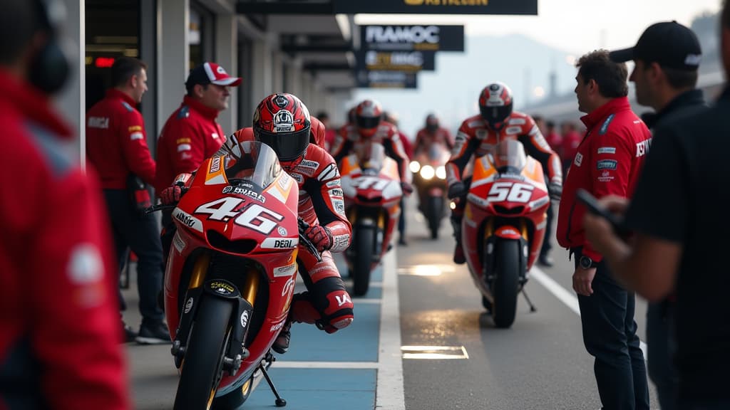  create a dynamic and detailed image showcasing jorge martin racing in the grand prix at misano. capture the intensity of the moment as he pits to change bikes, surrounded by a diverse array of competitors. include gino borsoi, the pramac team manager, displaying calmness and trust in the team. show the emotion of the race with dramatic lighting and intricate details, emphasizing the importance of quick decision making and resilience in the title fight. incorporate logos of pramac and other relev