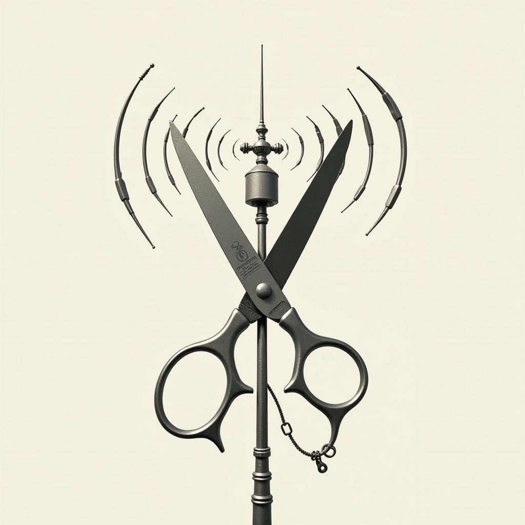  create an image that illustrates a pair of scissors creatively intertwined with a radio antenna, using negative space to emphasize the shapes and forms. the scissors should be open, with their blades positioned in a way that complements the structure of the antenna. the negative space around these elements should form abstract shapes, providing a unique point of view that draws the viewer's eye. the background should be minimalistic, allowing the focus to remain on the scissors and antenna interaction, highlighting the contrast between the organic lines of the scissors and the geometric shapes of the antenna. the overall composition should convey a sense of harmony and creativity, inviting viewers to explore the relationship between the two