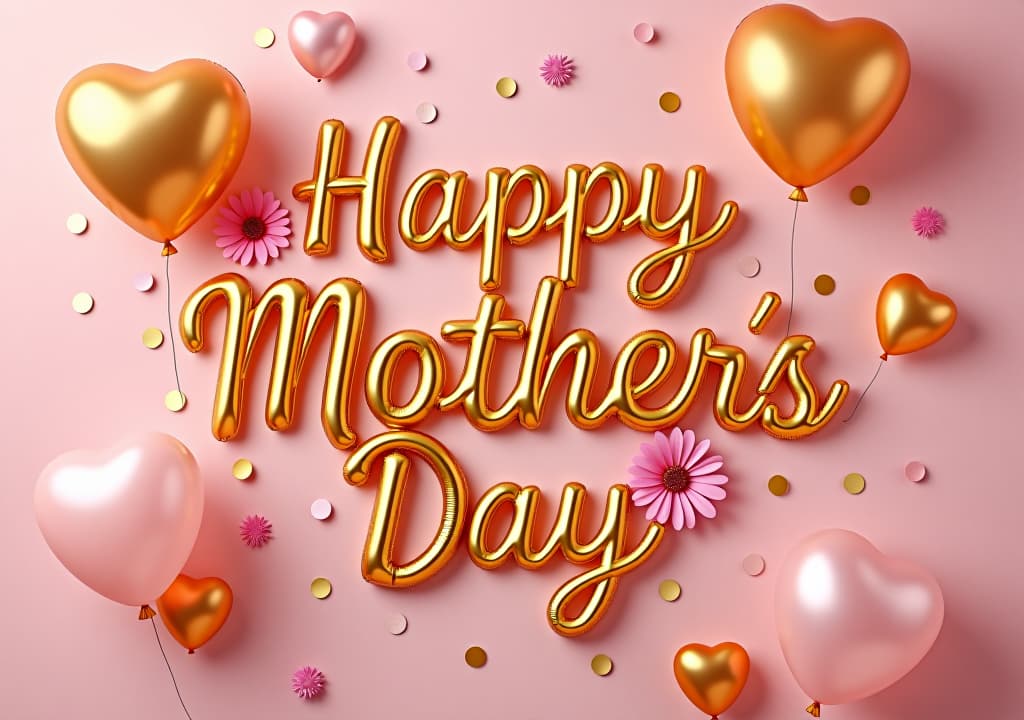  happy mother's day text with golden balloons, floral and confetti on a soft pink background