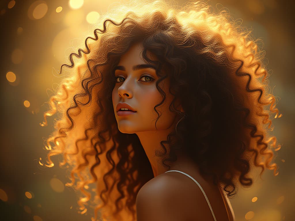  naturally beautiful ethereal devoted woman with dazzling curly hair, she is highly compasionate and conscious, leonardo da vinci style ambience and lighting