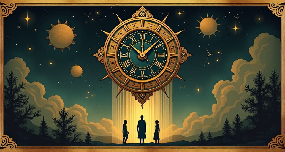  a celestial clock with constellations, gears turning, beams of light connecting to human silhouettes below, awakening, destiny. an illustration in the style of a worn, mystical old tarot trump card, mysterious and elements of surrealism. the colors are muted, somber and eerie, but with contrast bring out an occult and esoteric vibe.