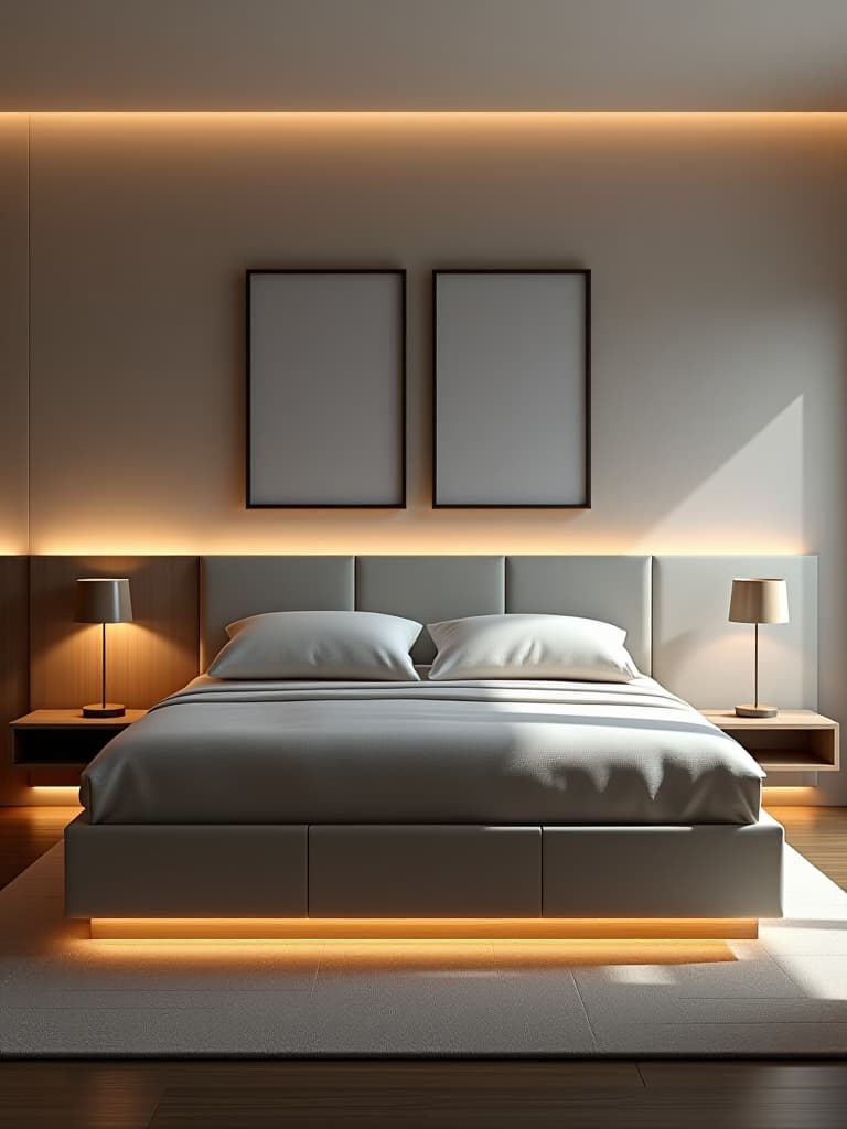  high quality portrait photo of a sleek platform bed with built in storage drawers, surrounded by minimalist decor and soft ambient lighting hyperrealistic, full body, detailed clothing, highly detailed, cinematic lighting, stunningly beautiful, intricate, sharp focus, f/1. 8, 85mm, (centered image composition), (professionally color graded), ((bright soft diffused light)), volumetric fog, trending on instagram, trending on tumblr, HDR 4K, 8K