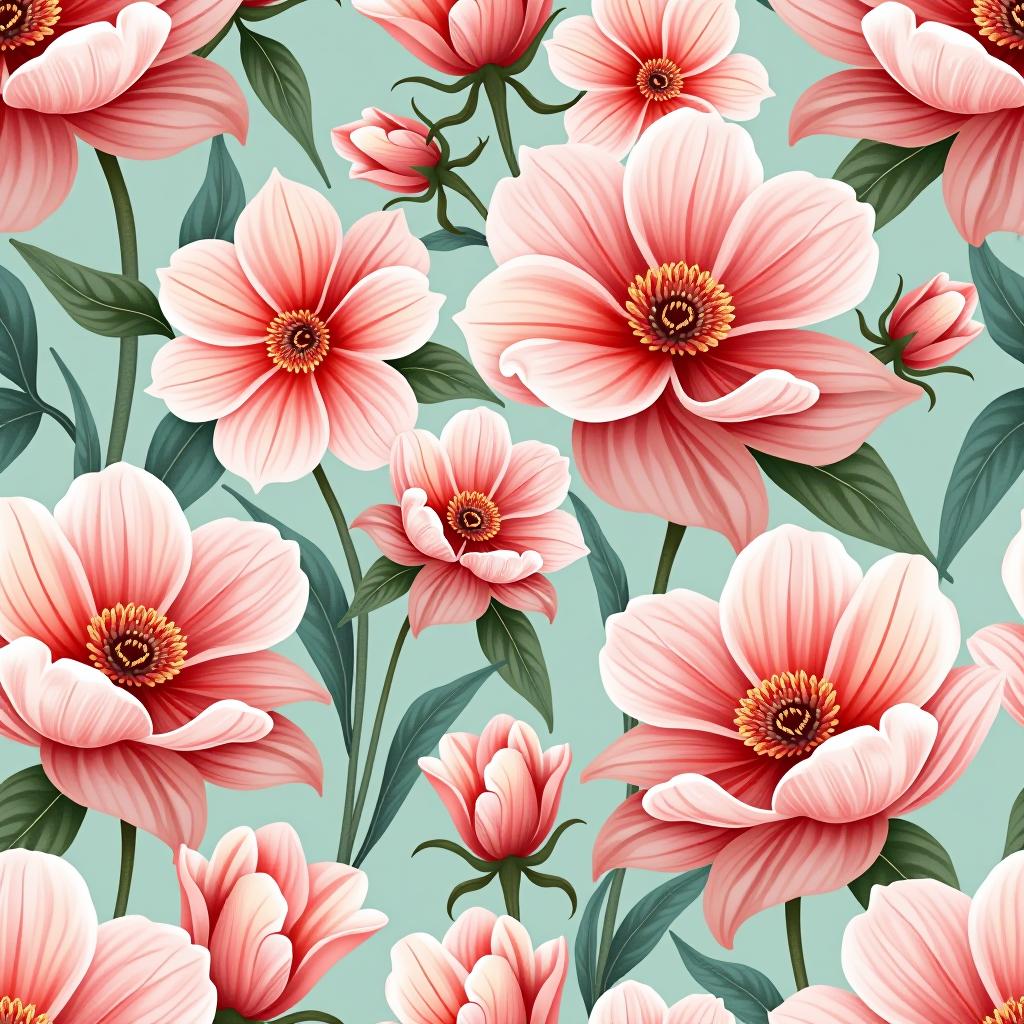  create a seamless digital design featuring a pattern of large, beautiful flowers with soft, watercolor like effects. the flowers should cover the entire surface, creating a bold, elegant, and continuous look. the overall style should be light and airy, with delicate leaves and petals to enhance the natural, floral theme. the design should be seamless to ensure it can be used in repeating patterns or wraps.