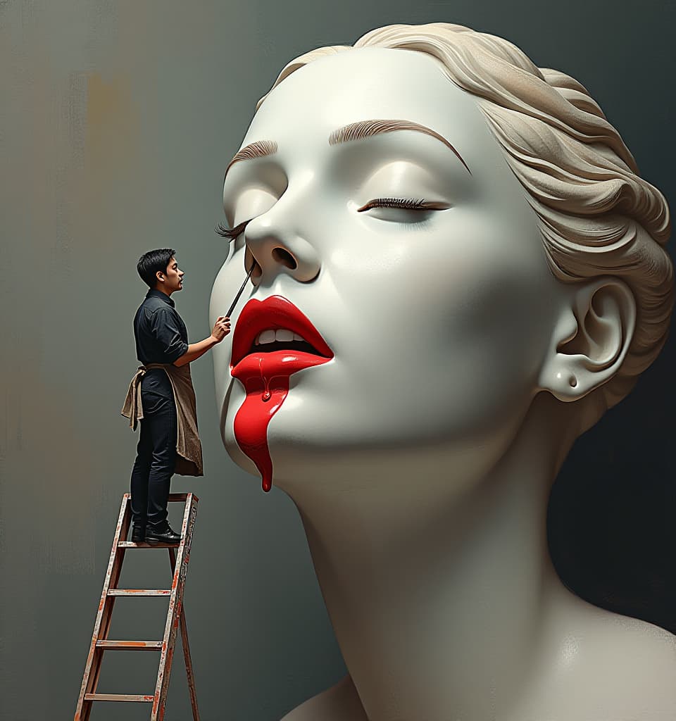  expressionist painting, photorealism, hyperrealism, a (miniature:1.4) male painter (black hair, apron, perfect hands:1.1) stands on a ladder and paints the lips of a gigantic marble woman's head (marble sculpture: 1.2) with a large brush using red paint similar in color to lipstick. the paint drips from the brush, forming a small puddle on the ground.