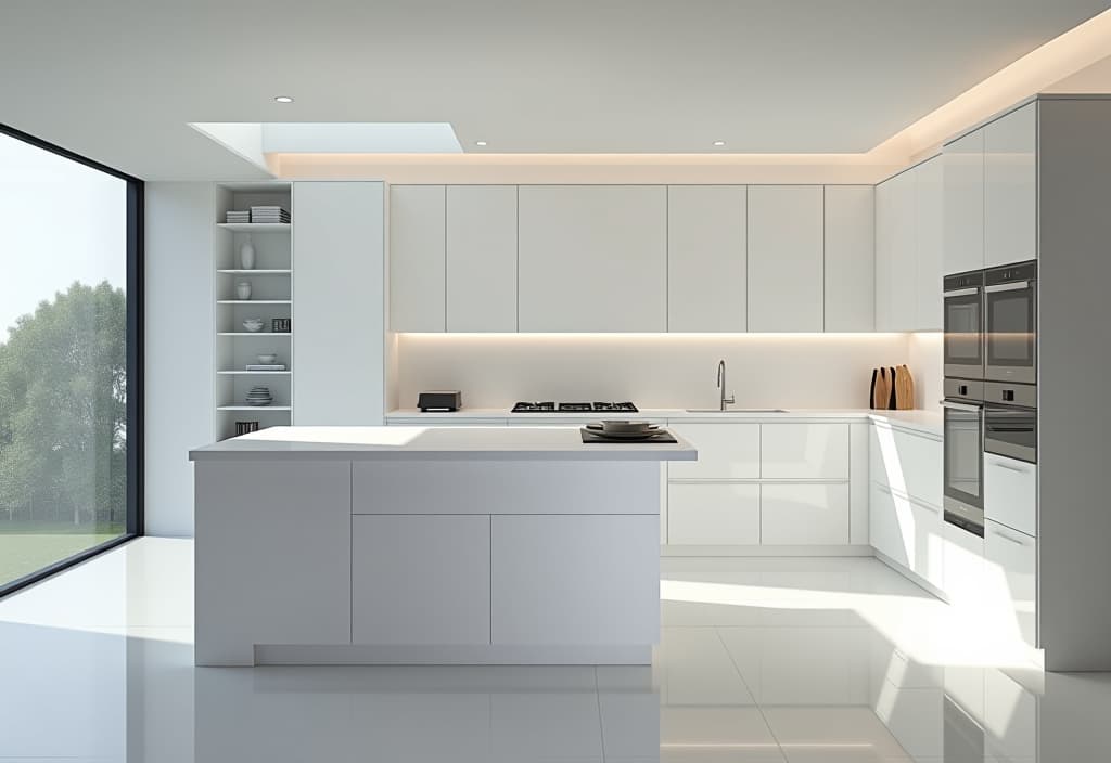  a landscape photo of a minimalist white kitchen with sleek cabinetry, a waterfall island, and hidden storage solutions, viewed from above hyperrealistic, full body, detailed clothing, highly detailed, cinematic lighting, stunningly beautiful, intricate, sharp focus, f/1. 8, 85mm, (centered image composition), (professionally color graded), ((bright soft diffused light)), volumetric fog, trending on instagram, trending on tumblr, HDR 4K, 8K