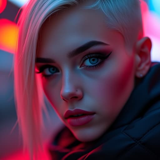  ultra realistic close up portrait ((beautiful pale cyberpunk female with heavy black eyeliner)), blue eyes, shaved side haircut, hyper detail, cinematic lighting, magic neon, dark red city, canon eos r3, nikon, f/1.4, iso 200, 1/160s, 8k, raw, unedited, symmetrical balance, in frame, 8k hyperrealistic, full body, detailed clothing, highly detailed, cinematic lighting, stunningly beautiful, intricate, sharp focus, f/1. 8, 85mm, (centered image composition), (professionally color graded), ((bright soft diffused light)), volumetric fog, trending on instagram, trending on tumblr, HDR 4K, 8K