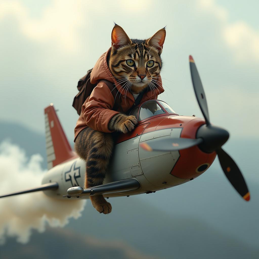  a cat riding an aeroplane hyperrealistic, full body, detailed clothing, highly detailed, cinematic lighting, stunningly beautiful, intricate, sharp focus, f/1. 8, 85mm, (centered image composition), (professionally color graded), ((bright soft diffused light)), volumetric fog, trending on instagram, trending on tumblr, HDR 4K, 8K