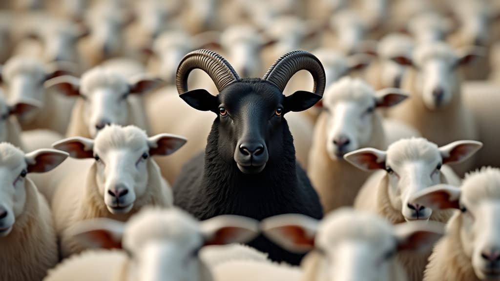  a black sheep among a flock of white sheep, raising head as a leader concept of standing out from the crowd, of being different and unique with its own identity and special skills among the others