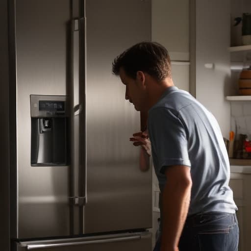 A photo of a skilled appliance repair technician examining the inner workings of a refrigerator in a dimly lit kitchen during the early evening. The warm glow of the overhead fluorescent light creates stark shadows against the stainless steel appliances, highlighting the technician's focused expression as they troubleshoot the mechanical issue.