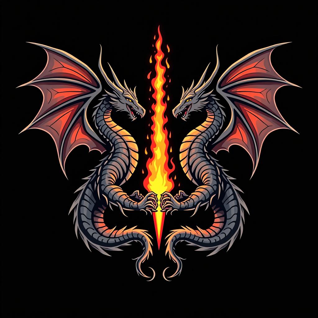  design a logo, benutzerdefiniertes sticker design auf einem isolierten schwarzen hintergrund, verziert mit mythischen drachen und einem flammenden schwert