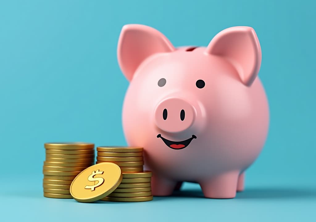  smiling pink pig piggy bank next to a stack of gold coins, isolated on blue background. investment success, savings concept 