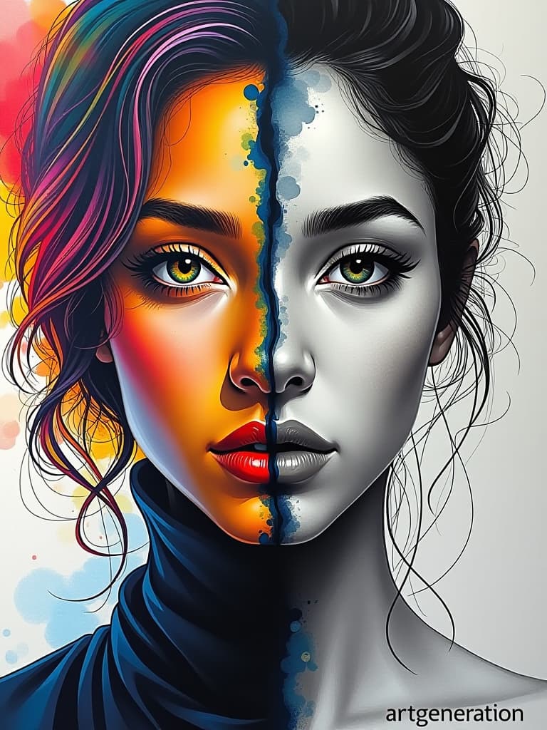  (masterpiece, diptych art:1.4), split in half, left side: (vividly colorful woman's face:1.3), photorealistic features, (radiant multi hued hair:1.2), expressive, soulful eyes that reflect emotion, swirling patterns of color surrounding her, right side: (monochromatic woman's face:1.3), created with an artistic splattering of ink, stark contrasts, (delicate line work:1.1), highlighting the contours of her face, bottom center, bold text “artgeneration” in capital letters, gothic font calligraphy, (surrealism art:1.2), a fusion of two worlds, evoking thought and introspection, rich textures, harmonious yet dissonant composition, captivating visual storytelling. hyperrealistic, full body, detailed clothing, highly detailed, cinematic lighting, stunningly beautiful, intricate, sharp focus, f/1. 8, 85mm, (centered image composition), (professionally color graded), ((bright soft diffused light)), volumetric fog, trending on instagram, trending on tumblr, HDR 4K, 8K