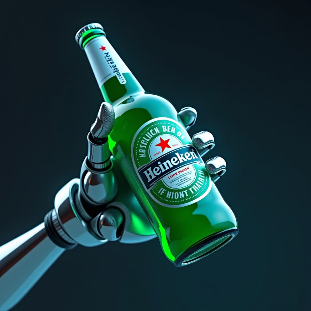  (masterpiece, top quality, ultra detailed, official art, best quality,a sleek, silver robotic arm holding a bottle of heineken beer, the label illuminated by a bright blue light, sharp edges, chrome accents, futuristic design, hyper realistic details, 3d rendering style