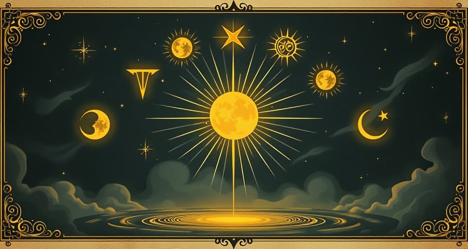  golden celestial symbols floating in air, dark swirling background, glowing lines connecting symbols, sense of divine reminder, spiritual, awakening. an illustration in the style of a worn, mystical old tarot trump card, mysterious and elements of surrealism. the colors are muted, somber and eerie, but with contrast bring out an occult and esoteric vibe.