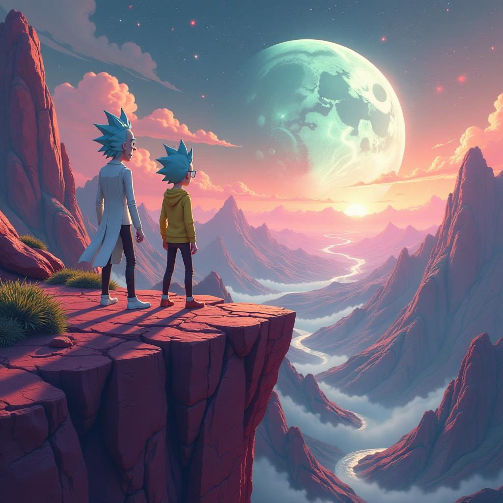  rick and morty are standing on the edge of a cliff on another planet, with a beautiful alien landscape unfolding before them. in a cartoonish 2d style. hyperrealistic, full body, detailed clothing, highly detailed, cinematic lighting, stunningly beautiful, intricate, sharp focus, f/1. 8, 85mm, (centered image composition), (professionally color graded), ((bright soft diffused light)), volumetric fog, trending on instagram, trending on tumblr, HDR 4K, 8K