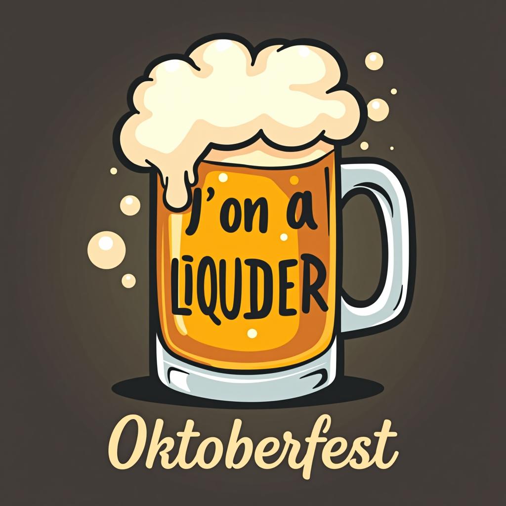  humorous 'i'm on a liquid diet.' in wavy font with a cartoon beer mug and beer bubbles background. place the word oktoberfest at the bottom of the image