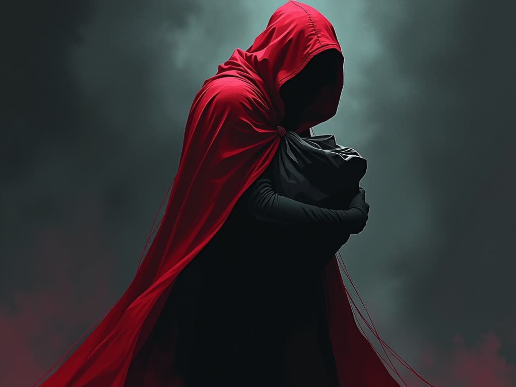  figure in red cloak, burdened with a heavy sack, shadows trailing, sense of guilt and betrayal. the style is digital art illustration / modern comic book / graphic dark novel fantasy and mysterious occult, symbolic, moody lighting, esoteric vibe,high detail on character design. for the color scheme emphasize blacks and reds.