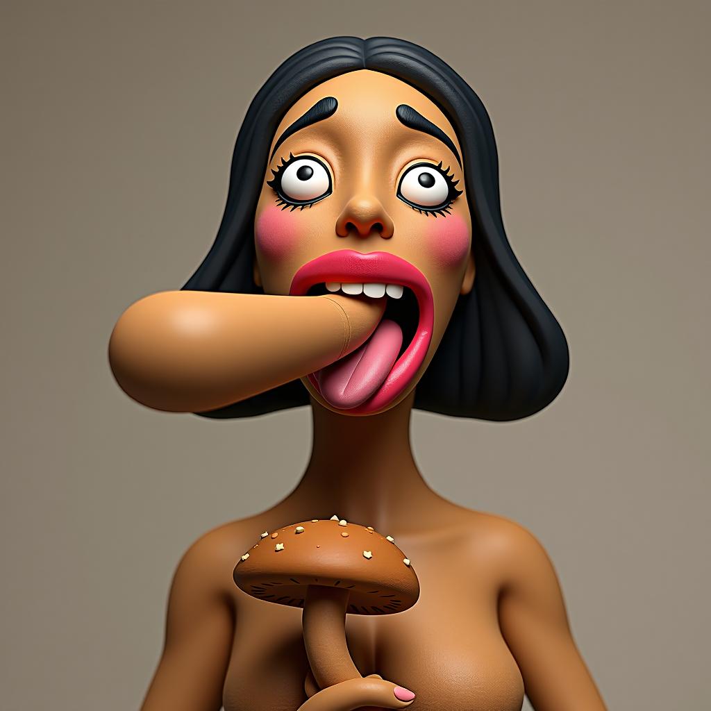  play doh style beautiful gal gadot sticking her large flat tongue fully out, drooling, covered in sweat, holding a tan colored cylinder with a mushroom at the end. sculpture, clay art, centered composition, claymation