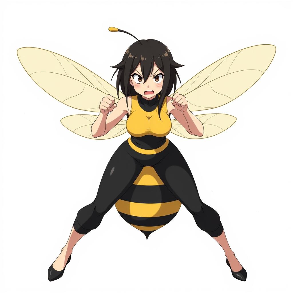  a woman transformed into a bee stands in an aggressive pose against a white background. her insect tail, oval shaped and black and yellow, curves forward prominently in front of her body. she is depicted mid flight, tilted slightly, with her legs down and arms outstretched, fists clenched in anger. her expression is fierce, with narrowed eyes directly facing the viewer and a frown emphasizing her irritation. she wears a striking black and yellow top paired with matching pants, enhancing her bee like appearance. the stinger is short and thin, adding to her insectoid features while maintaining an engaging anime aesthetic.