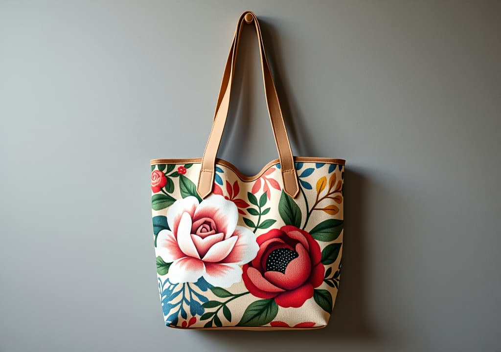  tote bag hanging on wall showing floral pattern design