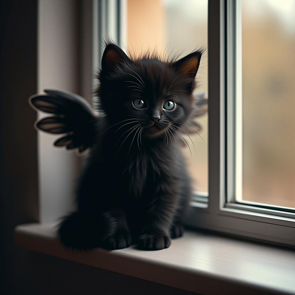  a little black kitten with wings is sitting on the windowsill.