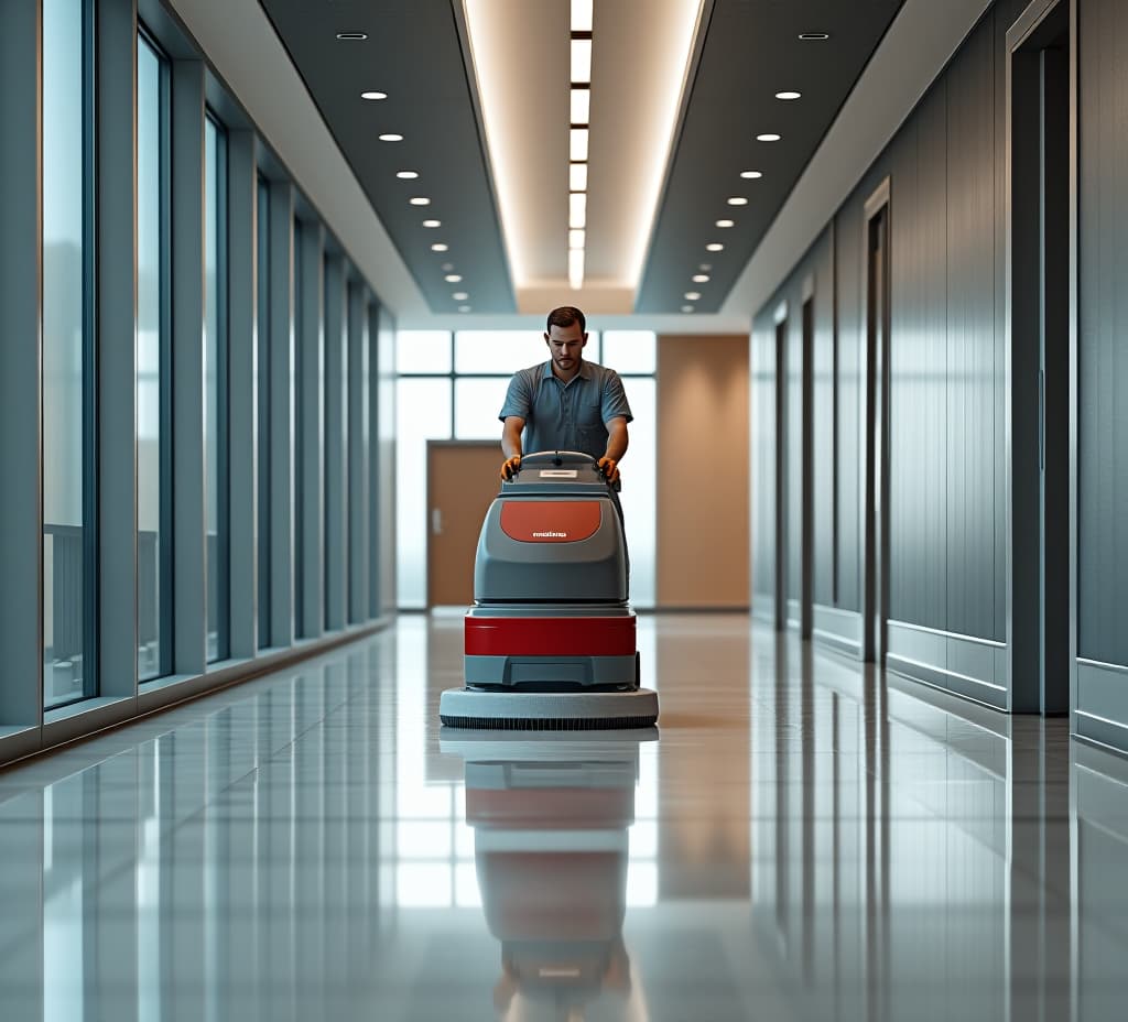  professional janitorial staff using an industrial floor buffer machine for cleaning and polishing the hallway of a modern corporate or commercial building, high quality, high details, hd, perfect composition, 4k epic detailed, highly detailed, sharp focus, high resolution