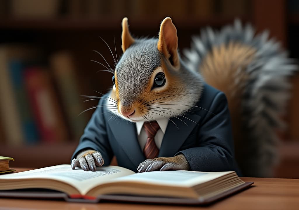  a focused squirrel in a well fitted suit is seen carefully reading a book at a desk, symbolizing study and diligence., high quality, high details, hd, perfect composition, 4k epic detailed, highly detailed, sharp focus, high resolution