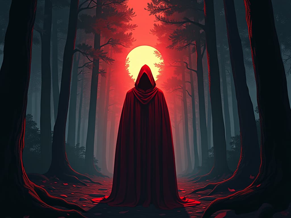  red cloaked individual, standing in a dark forest clearing, dawn light filtering through trees, sense of powerful motivation and transformation. the style is digital art illustration / modern comic book / graphic dark novel fantasy and mysterious occult, symbolic, moody lighting, esoteric vibe,high detail on character design. for the color scheme emphasize blacks and reds.