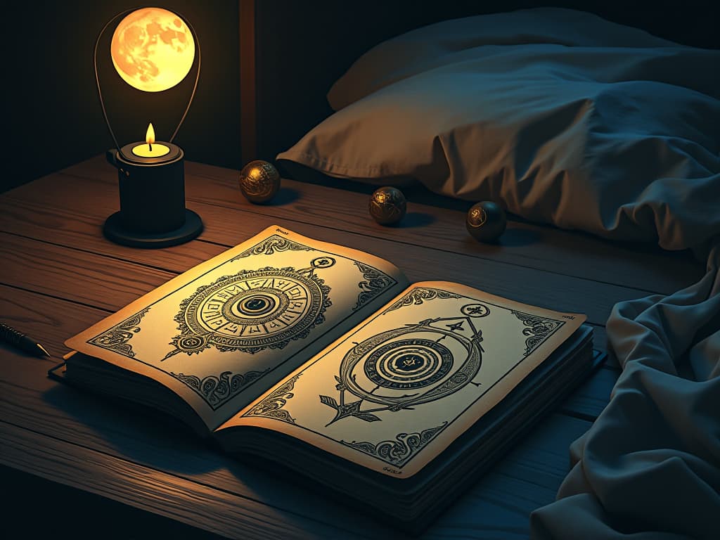  a dream journal on a nightstand, pages filled with intricate drawings and symbols, soft moonlight illuminating the scene, introspective and reflective mood. an illustration in the style of a worn, mystical old tarot trump card, mysterious and elements of surrealism. the colors are muted, somber and eerie, but with contrast bring out an occult and esoteric vibe.