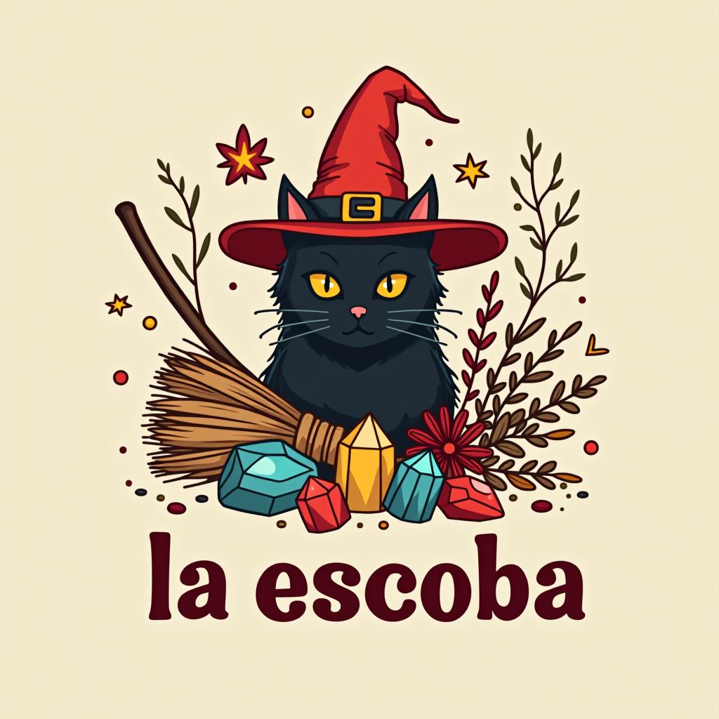  design a logo, witchy, broom, spices, black cat, dried herbs and crystals , with the text 'la escoba'.