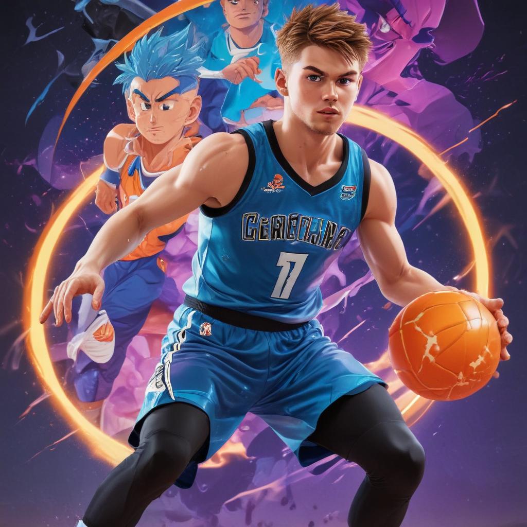 distance-shot, flashy, full-body, dynamic, holographic, animated cartoon poster of luka doncic in the style of dragon ball super