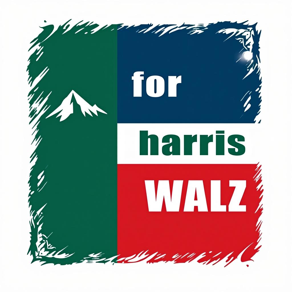  a tshirt design inspired by the washington state flag. the left side features a green vertical stripe with a large mountain in the center. the right side is divided into two horizontal sections: the top section is white with the text 'washington for' in bold, green, uppercase letters, and the bottom section is red with the text 'harris walz' in bold, white, uppercase letters. the overall layout is clean and straightforward, with a clear and patriotic color scheme of blue, white, and red.