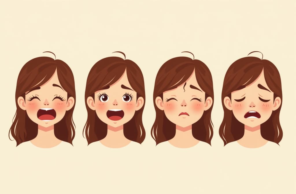  flat ilration, flaticon, (ilration:1.15), create a panel depicting four different facial expressions of a with brown hair. in the first image, the girl should laugh, in the second cry, in the third be curious, and in the fourth be sleepy. each facial expression should be bright and reflect the range of emotions that are usually observed in ren. the background should be neutral so that the 's facial expression remains the focus of attention. ar 3:2, [cory loftis, strobist, pascal campion :: 0.2]