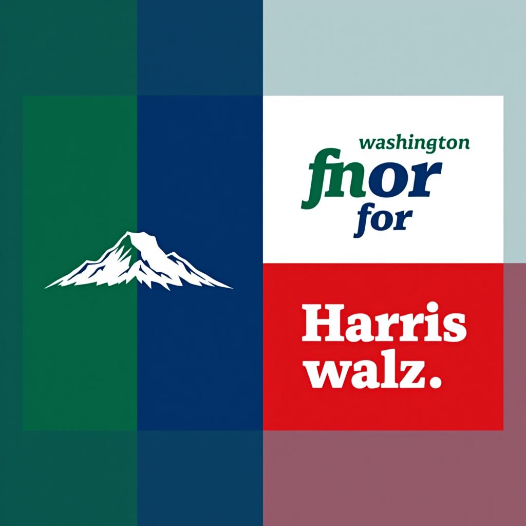  a design inspired by the washington state flag. the left side features a green vertical stripe with mt. rainer in the center. the right side is divided into two horizontal sections: the top section is white with the text 'washington for' in bold, green, uppercase letters, and the bottom section is red with the text 'harris walz' in bold, white, uppercase letters. the overall layout is clean and straightforward, with a clear and patriotic color scheme of blue, white, and red.