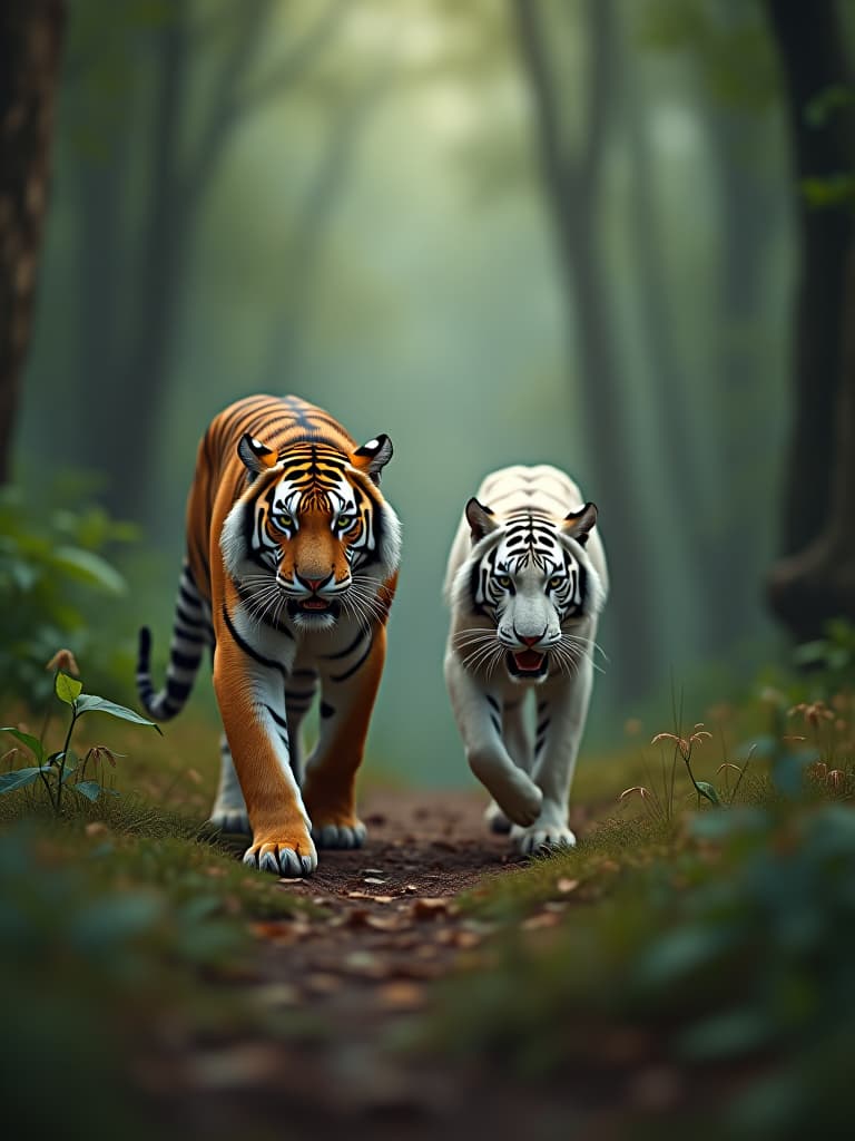  in the woods, tigers and white ones. let's go photo realistic, highly intricate and detailed, masterpiece, ultra high res,photography,8k resolution