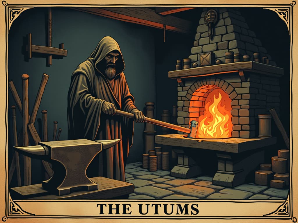  blacksmith's forge with embers glowing, anvil and hammer in the foreground, feeling of strength and craftsmanship. an illustration in the style of a worn, mystical old tarot trump card, mysterious and elements of surrealism. the colors are muted, somber and eerie, but with contrast bring out an occult and esoteric vibe.