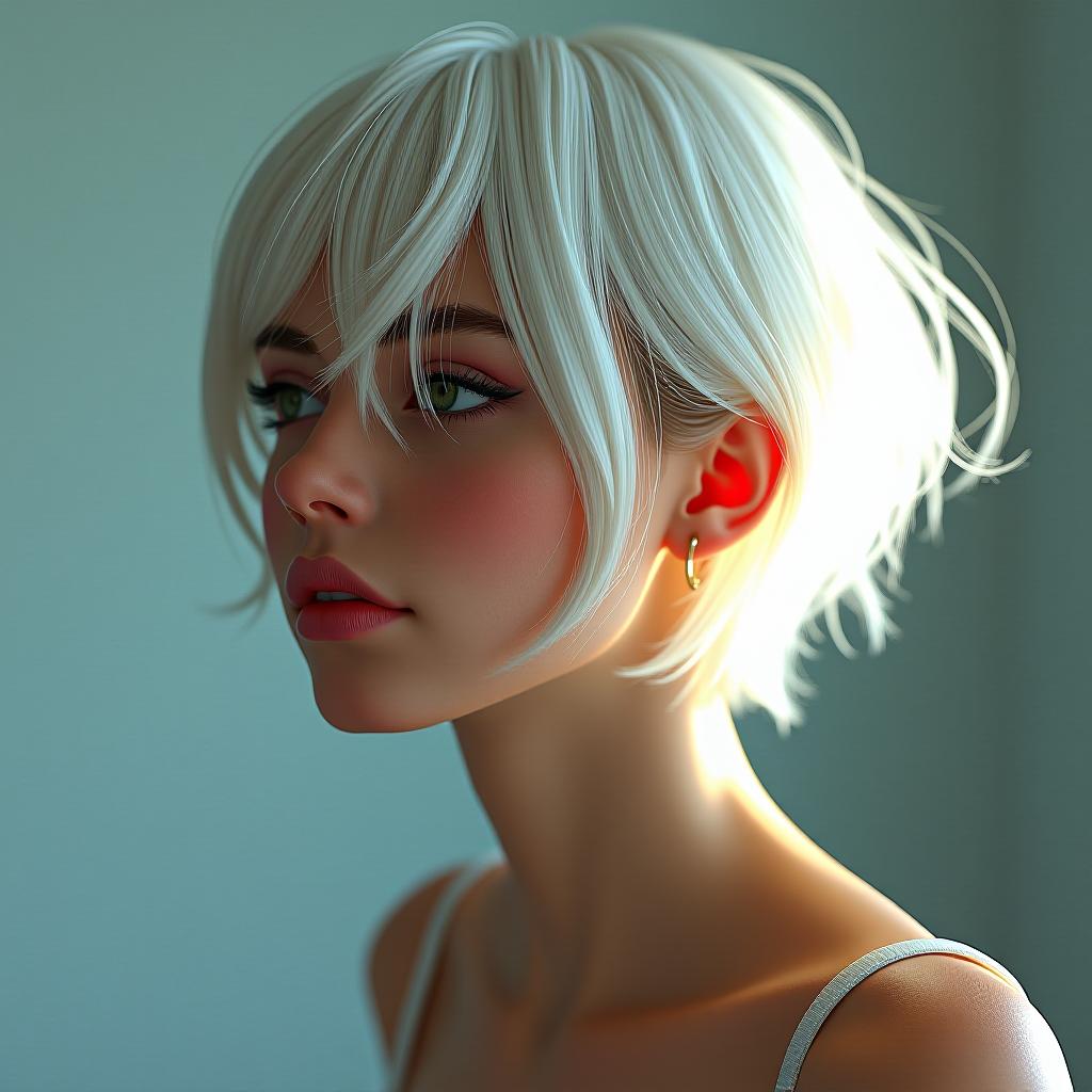  girl with white short hair, photorealistic, vsco filter