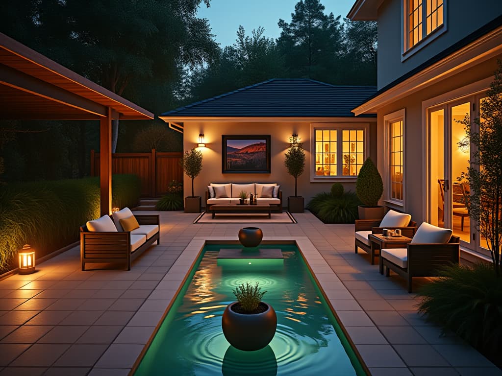  capture a stunningly beautiful and hyperrealistic 8k photograph of a patio—an outdoor space designed for relaxation and entertainment adjacent to a house. this unedited raw image should feature a contemporary style characterized by the latest trends, clean lines, balance, and harmony. utilize a kodak super 8 camera with cinestill 800t film to imbue the scene with a nostalgic grain. employ nocturnal lighting to enhance the intricate, dense furnishings and decorations, and highlight the water feature design. ensure the composition maintains symmetrical balance and bright, soft, diffused light, professionally color graded for visual impact.