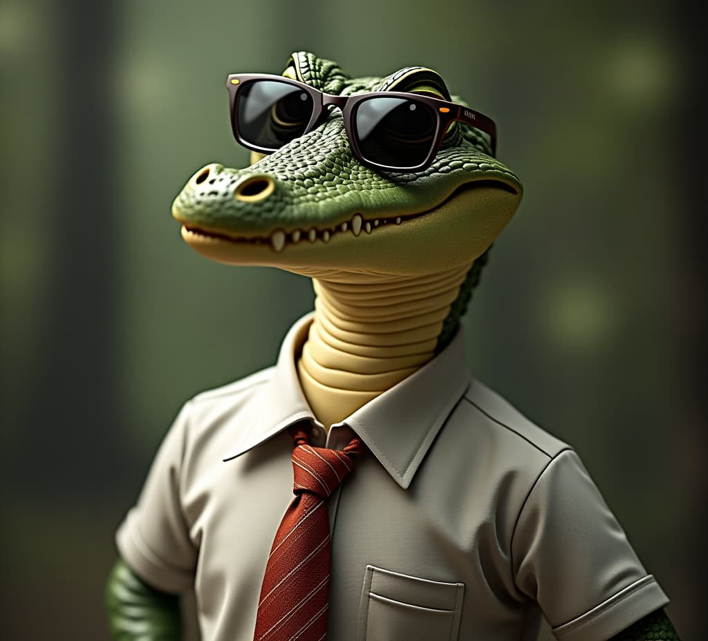  funny a mr. cute crocodile wearing sunglasses and dressed in shirt and tie, smiling, meme, humorous, on blur background,