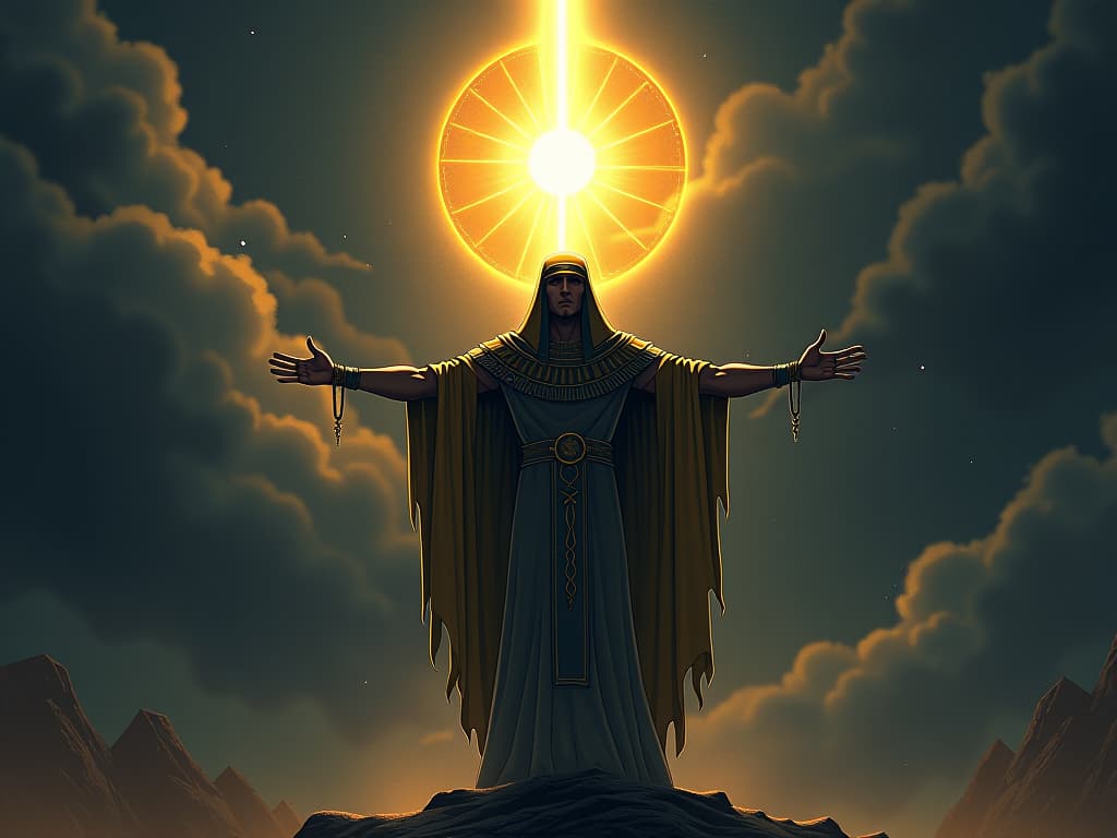  a powerful sunbeam piercing through storm clouds, illuminating a dark landscape, a regal figure in ancient egyptian robes standing tall, arms outstretched, embodying the dispersion of darkness. the style is digital art illustration / modern comic book / mysterious occult, symbolic, esoteric vibe,high detail on character design, incorporating ancient egyptian symbology and attire.