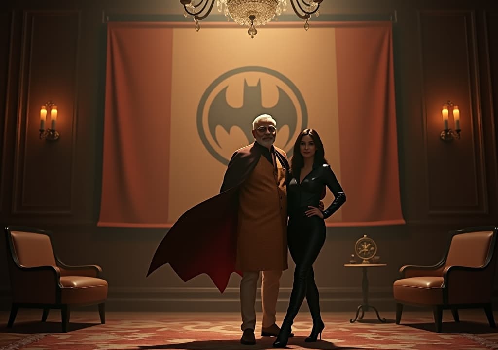  good quality, high quality, bruce wayne in narendra modi’s signature kurta pyjama outfit, posing heroically with a black widow like woman in her sleek black suit. a large banner behind them reads "i am new prime minister of india." they stand in an opulent gotham city mansion, with dramatic lighting casting shadows across the scene.