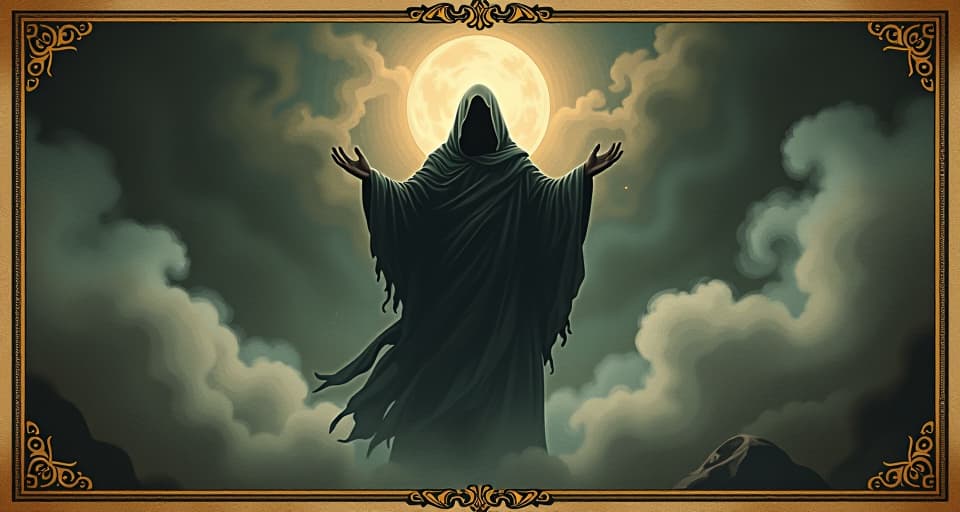  an untouchable figure radiating a powerful aura, unyielding force, surrounded by swirling mists, solitary strength. an illustration in the style of a worn, mystical old tarot trump card, mysterious and elements of surrealism. the colors are muted, somber and eerie, but with contrast bring out an occult and esoteric vibe.