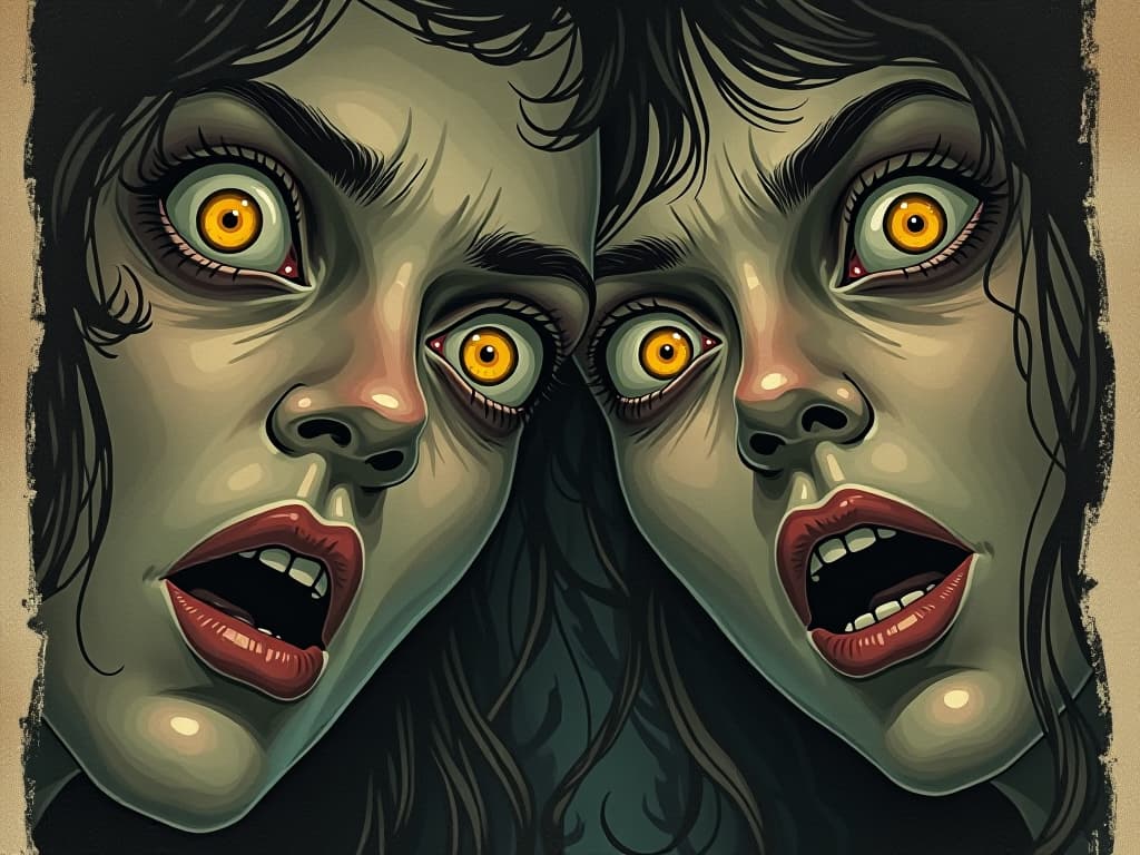  close up of faces with wide eyes, expressions of sudden realization, light illuminating their faces, dark surroundings, shocking, intense.. an illustration in the style of a worn, mystical old tarot trump card, mysterious and elements of surrealism. the colors are muted, somber and eerie, but with contrast bring out an occult and esoteric vibe.