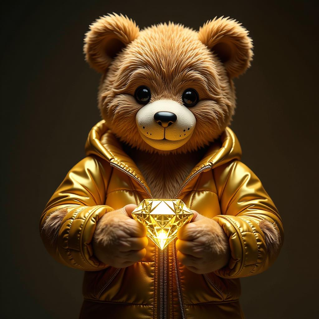  gold golden bear holding play button with text diamond bear hyperrealistic, full body, detailed clothing, highly detailed, cinematic lighting, stunningly beautiful, intricate, sharp focus, f/1. 8, 85mm, (centered image composition), (professionally color graded), ((bright soft diffused light)), volumetric fog, trending on instagram, trending on tumblr, HDR 4K, 8K