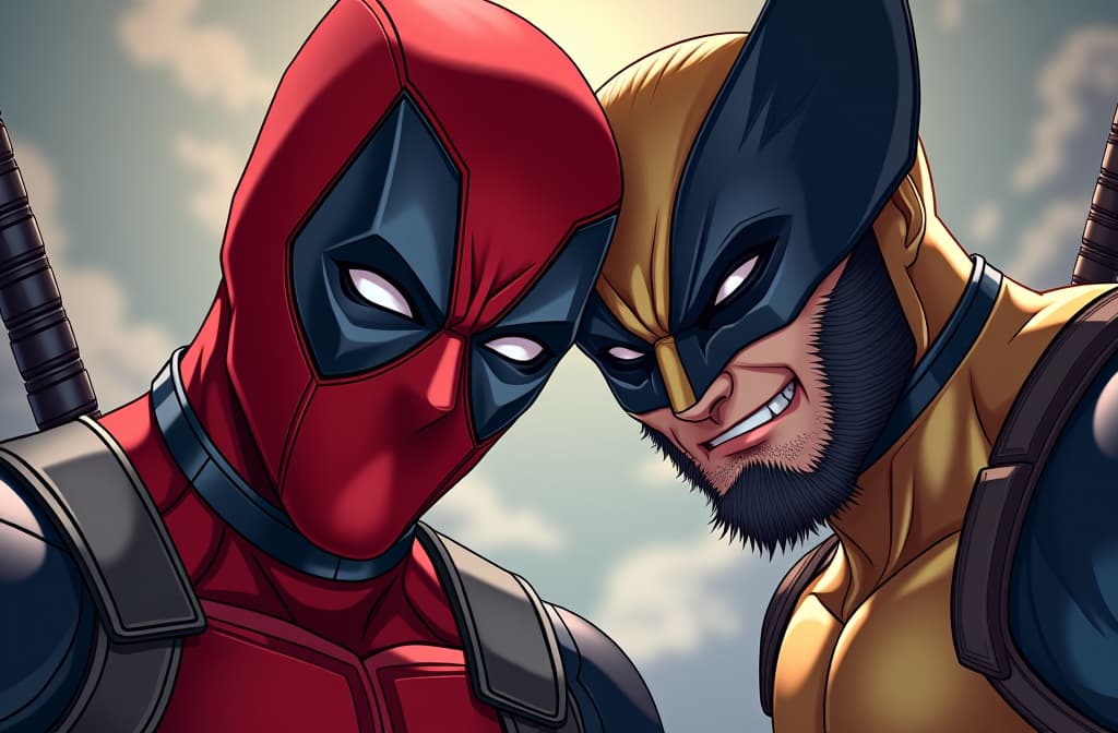  deadpool and wolverine, ilustracion personaje, hd, full color, anime, selfie, anime, realistic shaded perfect face, fine details. anime. realistic shaded lighting by ilya kuvshinov krenz cushart katsuhiro otomo, magali villeneuve, artgerm, rutkowski jeremy lipkin and giuseppe dangelico pino and michael garmash and rob rey hyperrealistic, full body, detailed clothing, highly detailed, cinematic lighting, stunningly beautiful, intricate, sharp focus, f/1. 8, 85mm, (centered image composition), (professionally color graded), ((bright soft diffused light)), volumetric fog, trending on instagram, trending on tumblr, HDR 4K, 8K